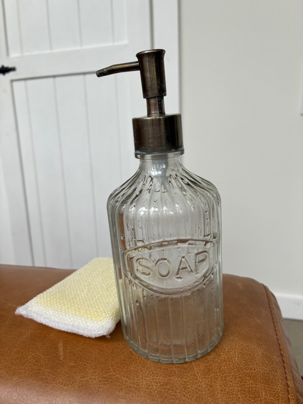 Vintage-Style 16 oz  Glass Soap Pump Dispenser in Clear Glass with Bronze Top